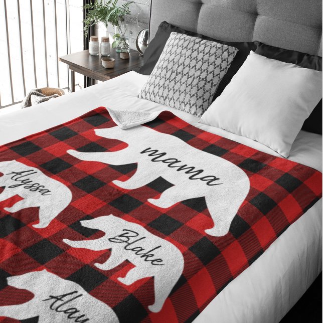 Modern Red Plaid And White Mama Bear Gift Sherpa Blanket (Creator Uploaded)