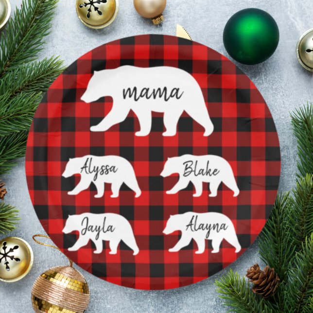 Modern Red Plaid And White Mama Bear Paper Plate (Creator Uploaded)