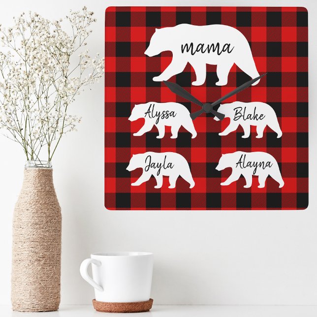 Modern Red Plaid And White Mama Bear Square Wall Clock (Creator Uploaded)