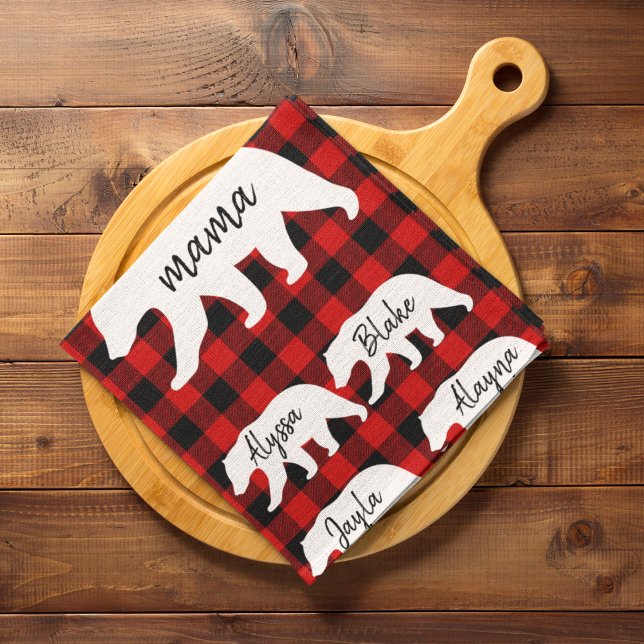 Modern Red Plaid And White Mama Bear Tea Towel (Creator Uploaded)