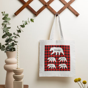 Modern Red Plaid And White Mama Bear Tote Bag