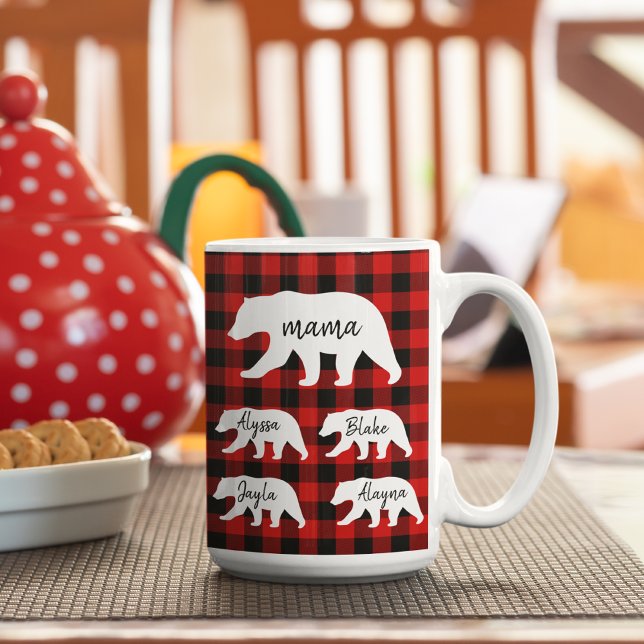 Modern Red Plaid And White Mama Bear Two-Tone Coffee Mug (Creator Uploaded)