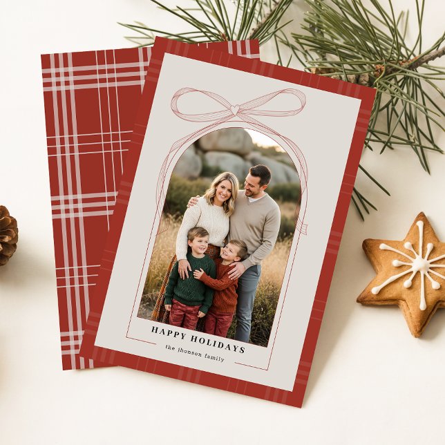 Modern Red Plaid Bow Family Arch Photo Christmas Holiday Card (Creator Uploaded)