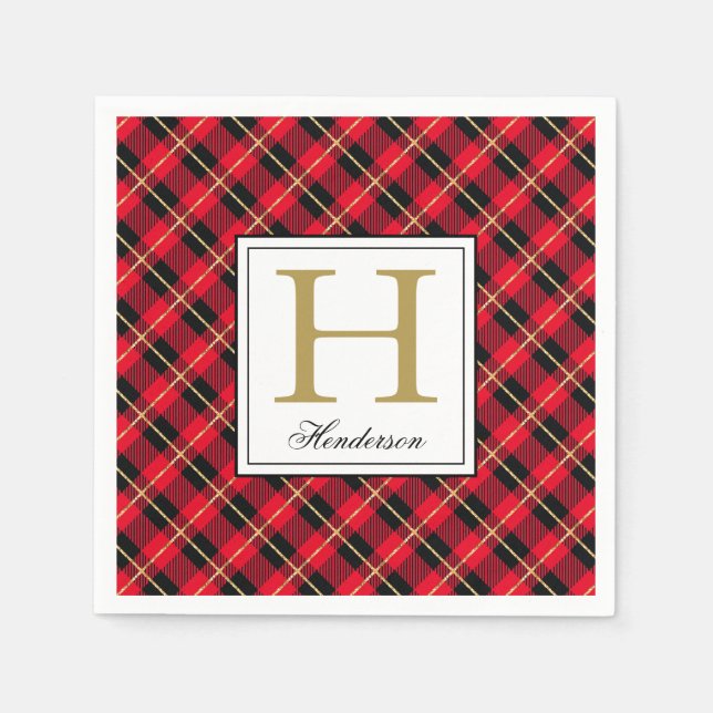 Modern Red Plaid Check Gold Accents, Monogrammed Napkin (Front)