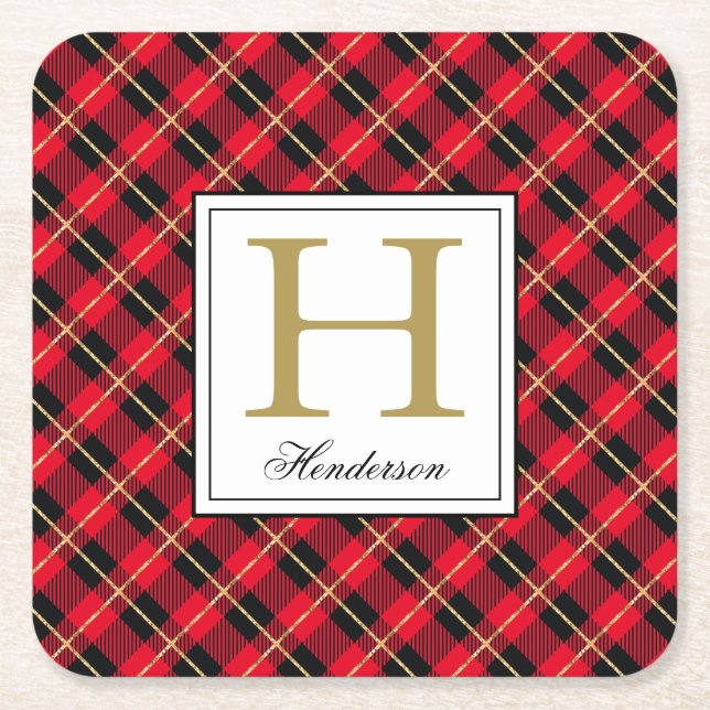 Modern Red Plaid Check Gold Accents, Monogrammed Square Paper Coaster (Front)