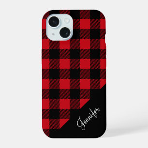 Modern Red Plaid Check Pattern Name iPhone 15 Case