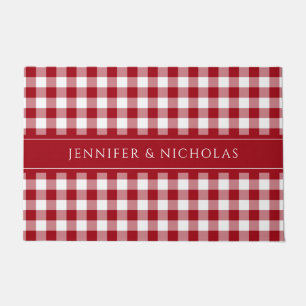 Modern Red Plaid Gingham Name Doormat