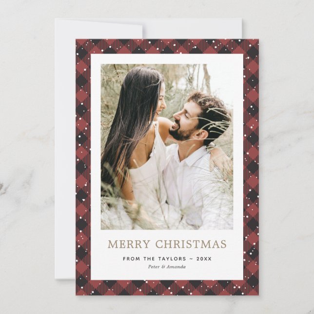 Modern Red Plaid Gold Snow Photo Merry Christmas Holiday Card (Front)