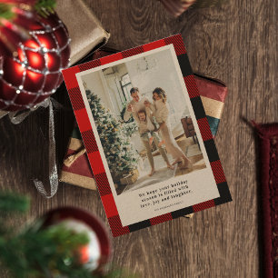 Modern Red Plaid Happy Holiday   Family Photo