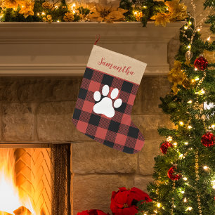 Modern Red Plaid & Name Dog Paw Large Christmas Stocking
