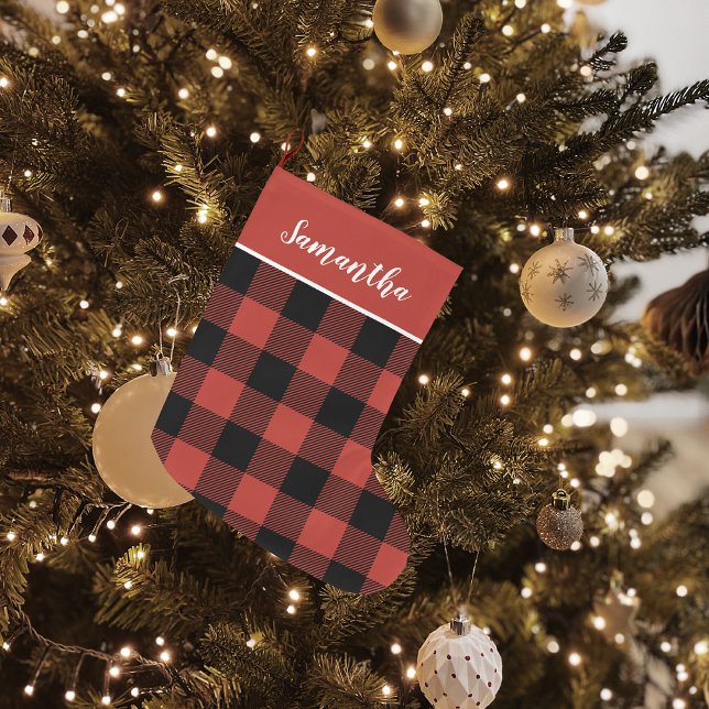 Modern Red Plaid & Name Large Christmas Stocking (Creator Uploaded)