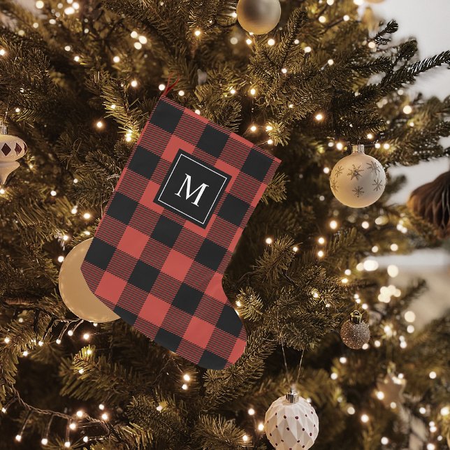 Modern Red Plaid & Name Large Christmas Stocking (Creator Uploaded)