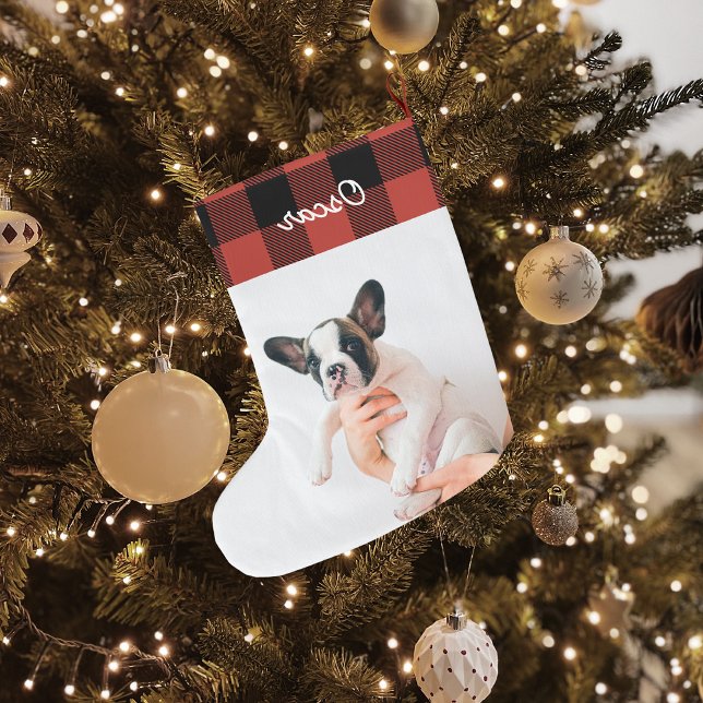 Modern Red Plaid & Name Large Christmas Stocking (Creator Uploaded)