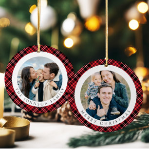 Modern Red Plaid Photo Christmas Ceramic Ornament