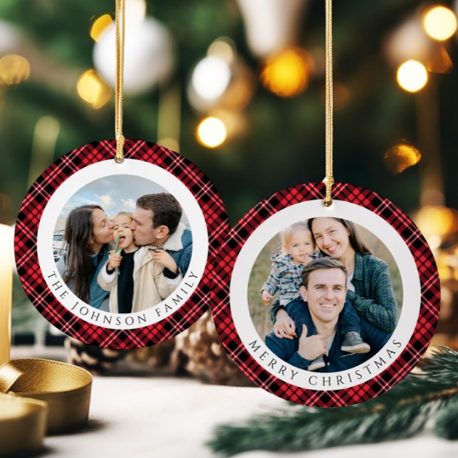 Modern Red Plaid Photo Christmas Ceramic Ornament (Modern Red Plaid Photo Christmas Ceramic Ornament)