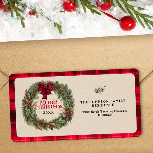 Modern Red Plaid Rustic Farmhouse Christmas Wreath Label