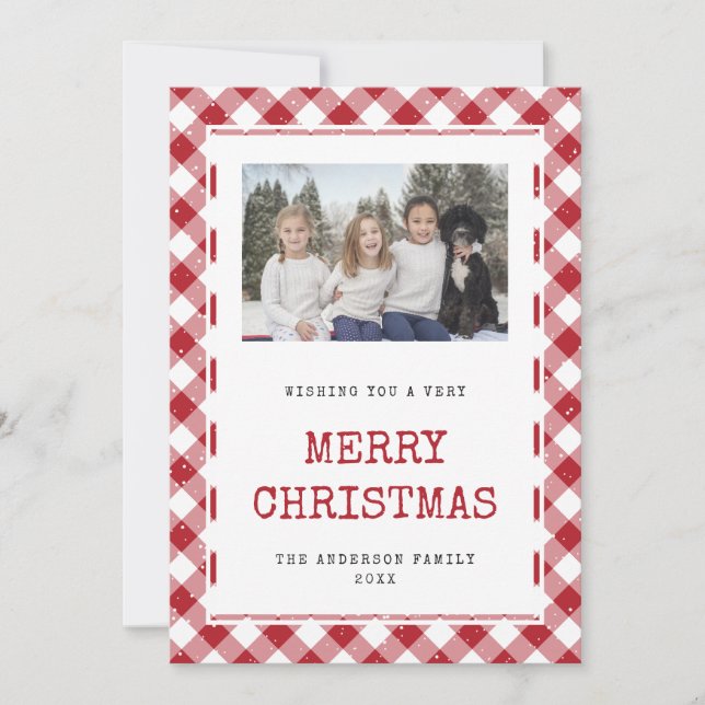 Modern Red Plaid Snow Photo Merry Christmas Card (Front)