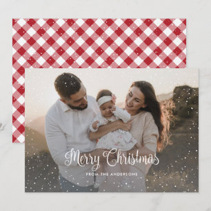 Modern Red Plaid Snow Photo Merry Christmas Card