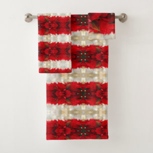 Modern Red Poinsettias and White Lights stripes Bath Towel Set
