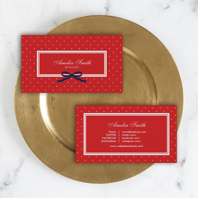 Modern Red Polka Dot Blue Ribbon Social Media Business Card (Creator Uploaded)