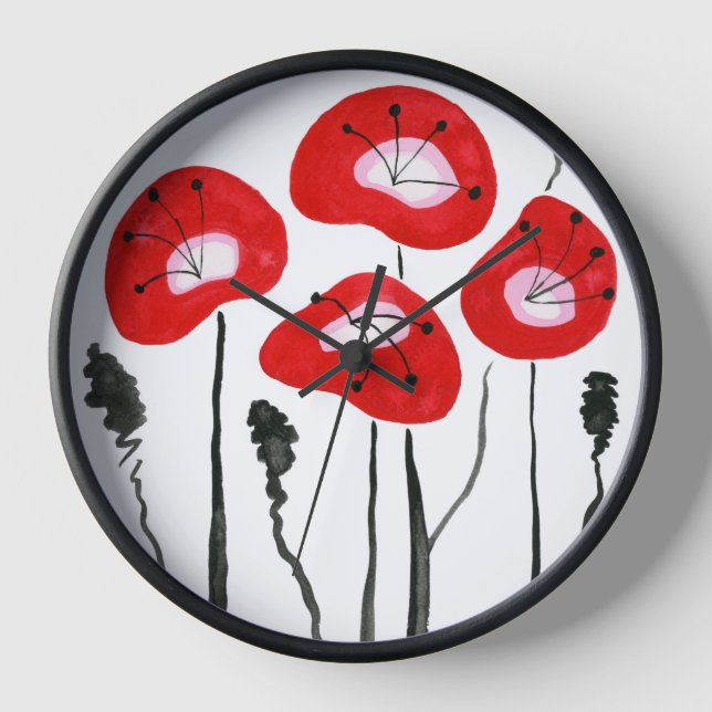 Modern Red Poppies, Abstract Watercolor Flowers Clock (Front)