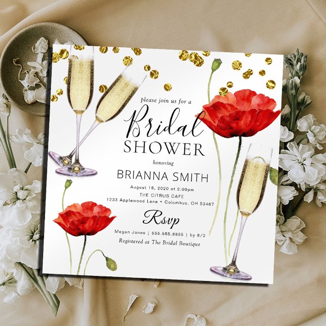 Modern Red Poppy and Gold Flakes Bridal Shower  Invitation (Creator Uploaded)