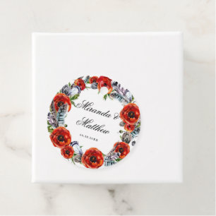 Modern Red Poppy Boho Feathers Wedding Favour Tags
