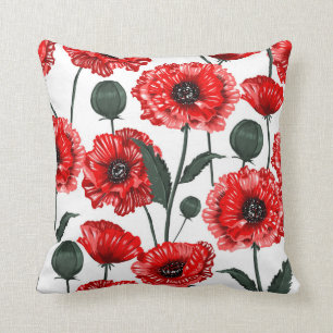 Modern Red Poppy Country Floral Cushion