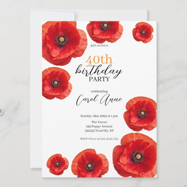 Modern Red Poppy Floral Birthday Party Invitation (Front)