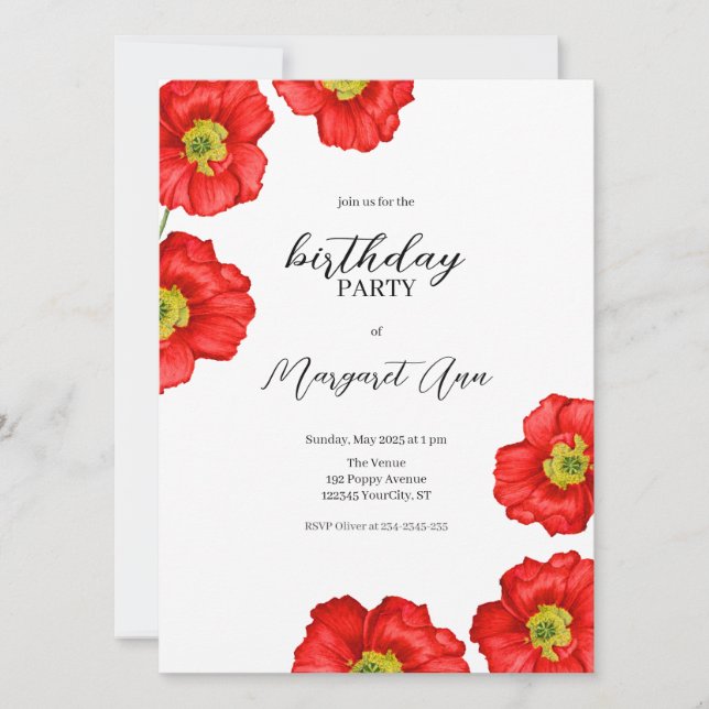Modern Red Poppy Floral Birthday Party Invitation (Front)