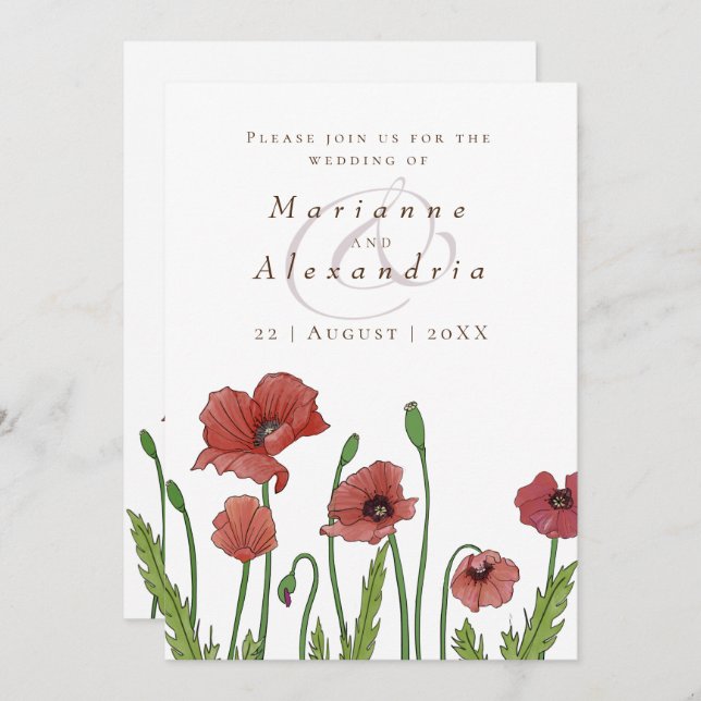 Modern red poppy floral wedding invitation (Front/Back)