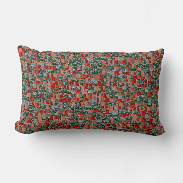 Modern red poppy flowers and blue flowers pattern lumbar cushion (Front)