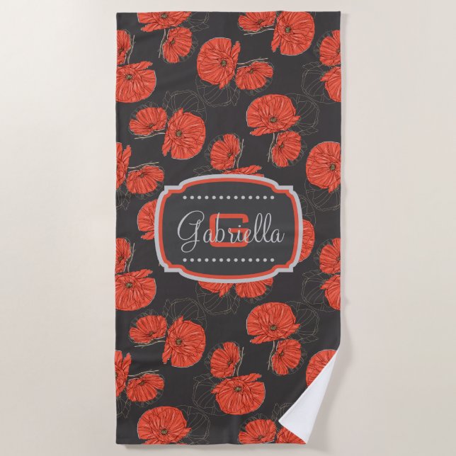 Modern Red Poppy Pattern Monogram on Slate Grey Beach Towel (Front)