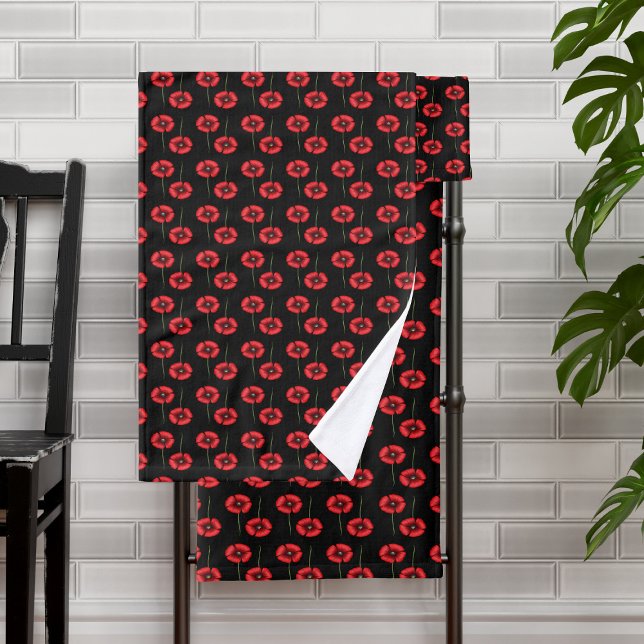 Modern Red Poppy Pattern on Black Bath Towel Set (Pop a poppy towel in your bathroom today!)