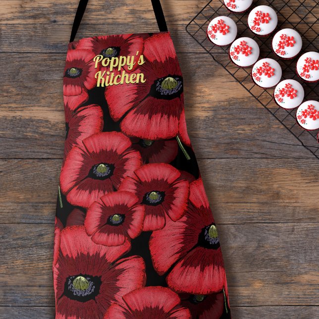 Modern Red Poppy Pattern Personalised Kitchen Apron (Pop your name onto this floral red poppy pattern apron and cook up a storm in the kitchen!)