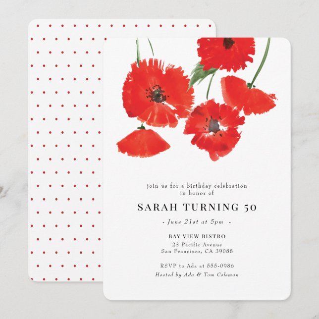 Modern Red Poppy Watercolor Birthday Invitation (Front/Back)