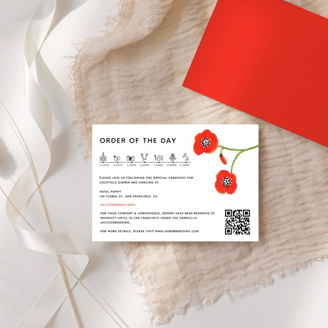 Modern Red Poppy Wedding Timeline Enclosure card (Flower Red poppies Wedding Timeline Enclosure card)