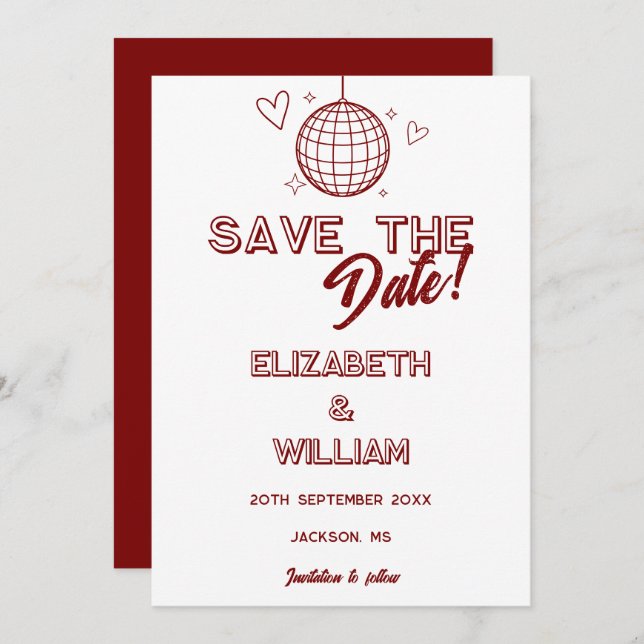 Modern Red Retro Disco Groovy Wedding Save The Date (Front/Back)