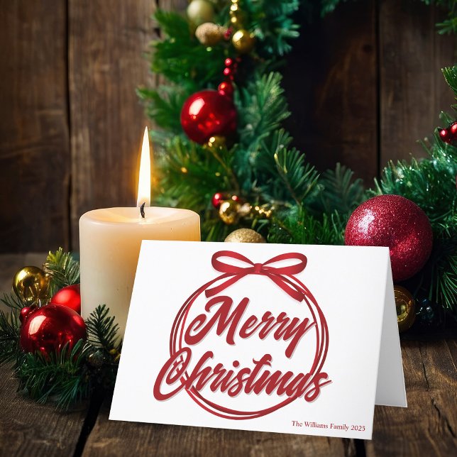 Modern Red Ribbon Bow Merry Christmas Script Holiday Card (Creator Uploaded)
