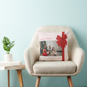 Modern Red Ribbon Bow Wrap Photo Christmas Gift Cushion