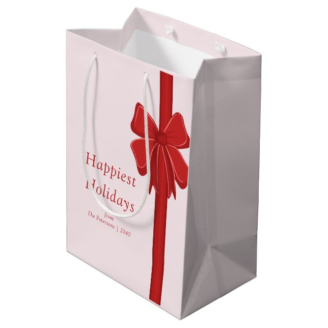 Modern Red Ribbon Bow Wrapped Christmas Medium Gift Bag (Back Angled)