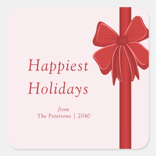 Modern Red Ribbon Bow Wrapped Christmas Square Sticker (Front)