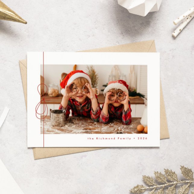Modern Red Ribbon Christmas Photo Holiday Card (Creator Uploaded)