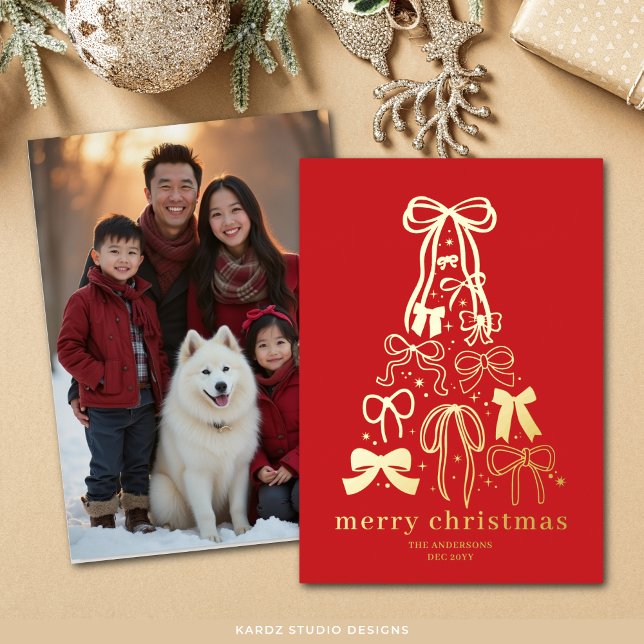 Modern Red Ribbon Tree Christmas Photo Gold Foil Holiday Card (Flat Christmas Card shown in 5 x 7 inches. Personalize and choose paper and corner style.)