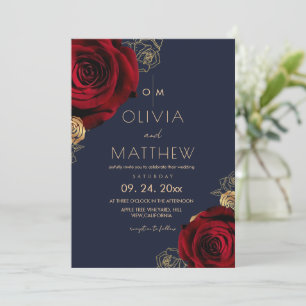Modern Red Rose and Navy Blue Floral Wedding Invitation