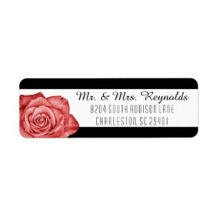Modern Red Rose Black & White Striped Custom Return Address Label