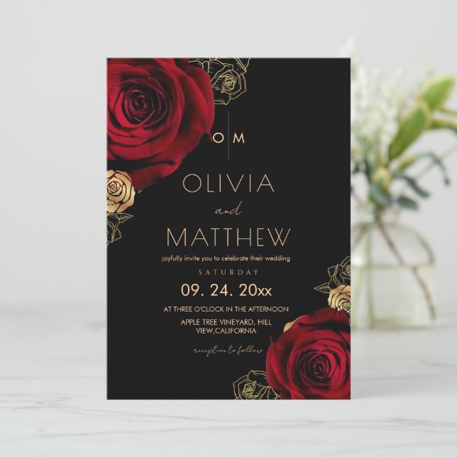 Modern Red Rose Divine Wedding  Invitation (Standing Front)