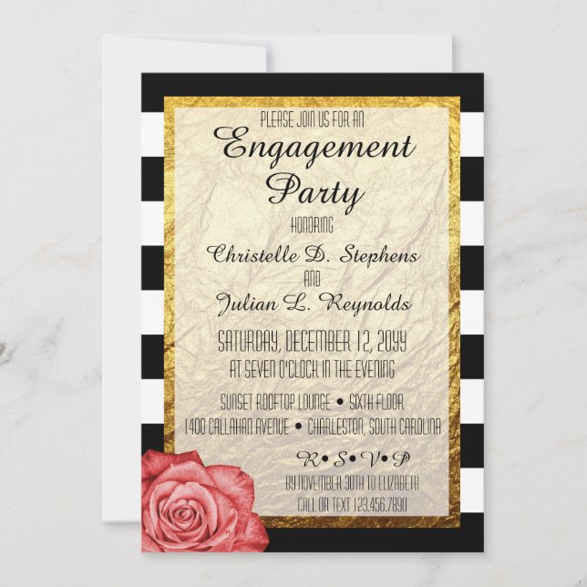Modern Red Rose Faux Gold Foil Engagement Party Invitation (Front)