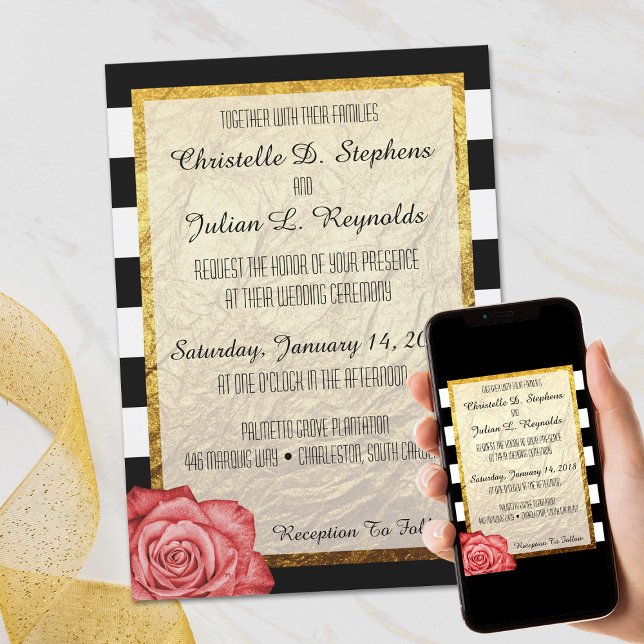 Modern Red Rose Faux Gold Foil Striped Wedding Invitation (Creator Uploaded)