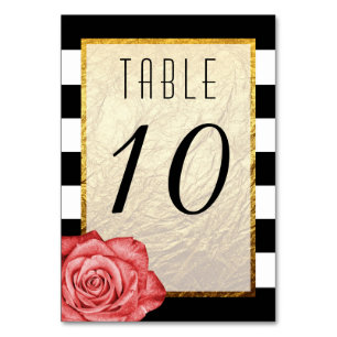 Modern Red Rose Faux Gold Foil Striped Wedding Table Number
